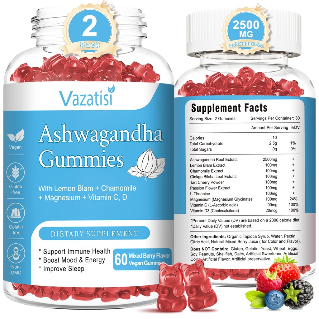 2 Pack Ashwagandha Gummies naisille Miehet, sokeriton Luomu Ashwagandha Gummies täydentää rentoutua Palauta tasapaino, Vegaani Gluteeniton, 120 kreivi
