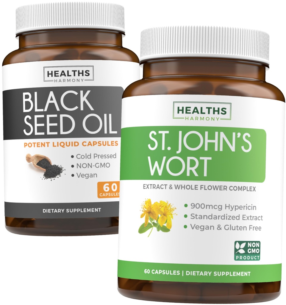 Black Seed Oil & St John's Wort (1-månaders leverans) Serene Blend Bundle of Black Seed Oil (60 kapslar) Cold-Pressed Nigella Sativa & St John's Wort (60 kapslar) med kraftfull 900mcg Hypericin