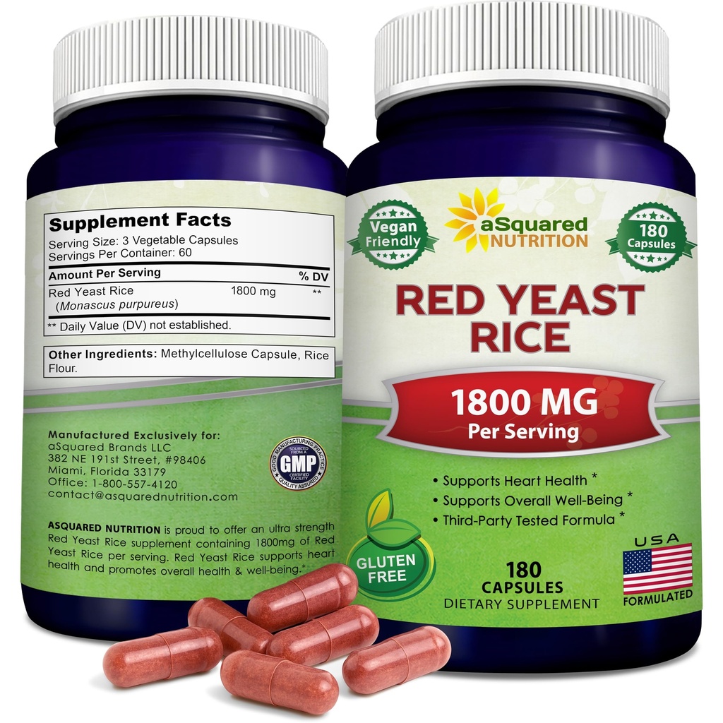 aSquared Nutrition Red Yeast Rice 1800mg - Dietary Supplement Vegan Powder Pills för att stödja hjärt-kärlhälsa - 180 Veggie Capsules