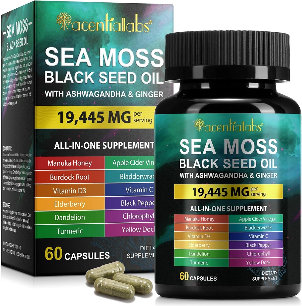 Sea Moss Black Seed Oil, Sea Moss Black Seed Oil Ashwagandha Inkivääri kapselit vitamiineja Black Wrack, Burdock Root ja enemmän, 60 kapselia