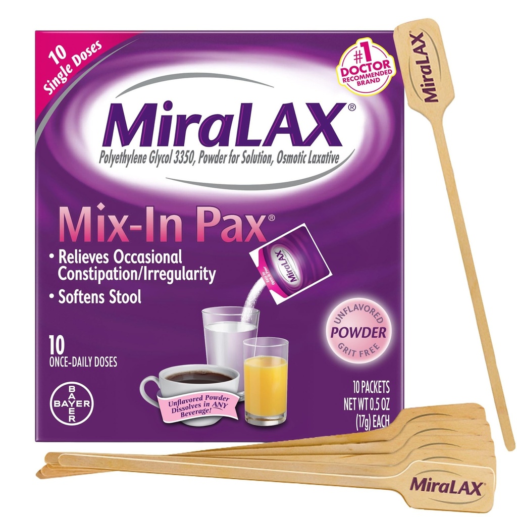 MiraLAX Gentle Constipation Relief Laxative Powder, Stool Softener med PEG 3350, No Harsh Side Effects, Single Dose Mix-In Pax med Mixing Stirrers, Travel Pack, 10 Dose