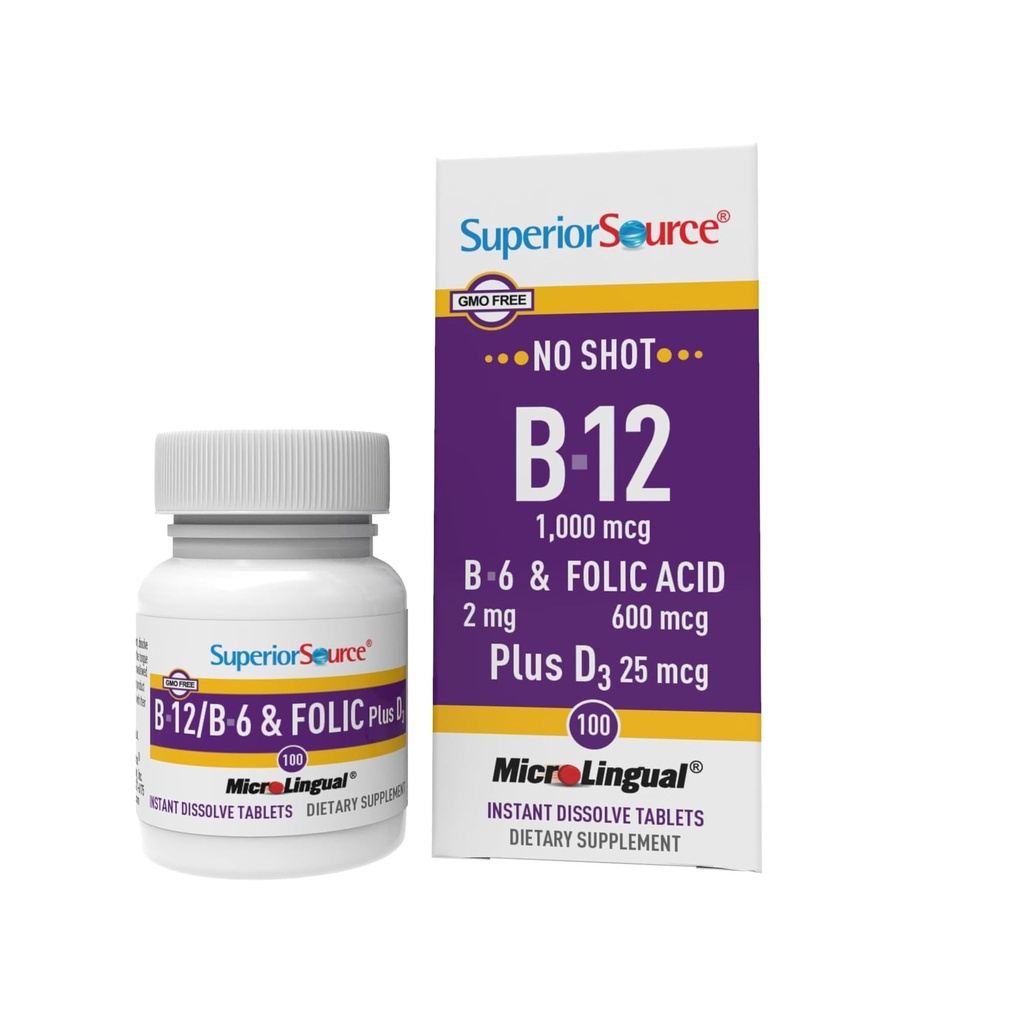 Superior Source No Shot Vitamin B-12 Cyanocobalamin 1000 mcg, B-6, Folic Acid & Vitamin D-3 1000 IE - Stöder Energi, Hjärna, Hjärta och Benhälsa - 100 Sublingual Dissolving Tablets