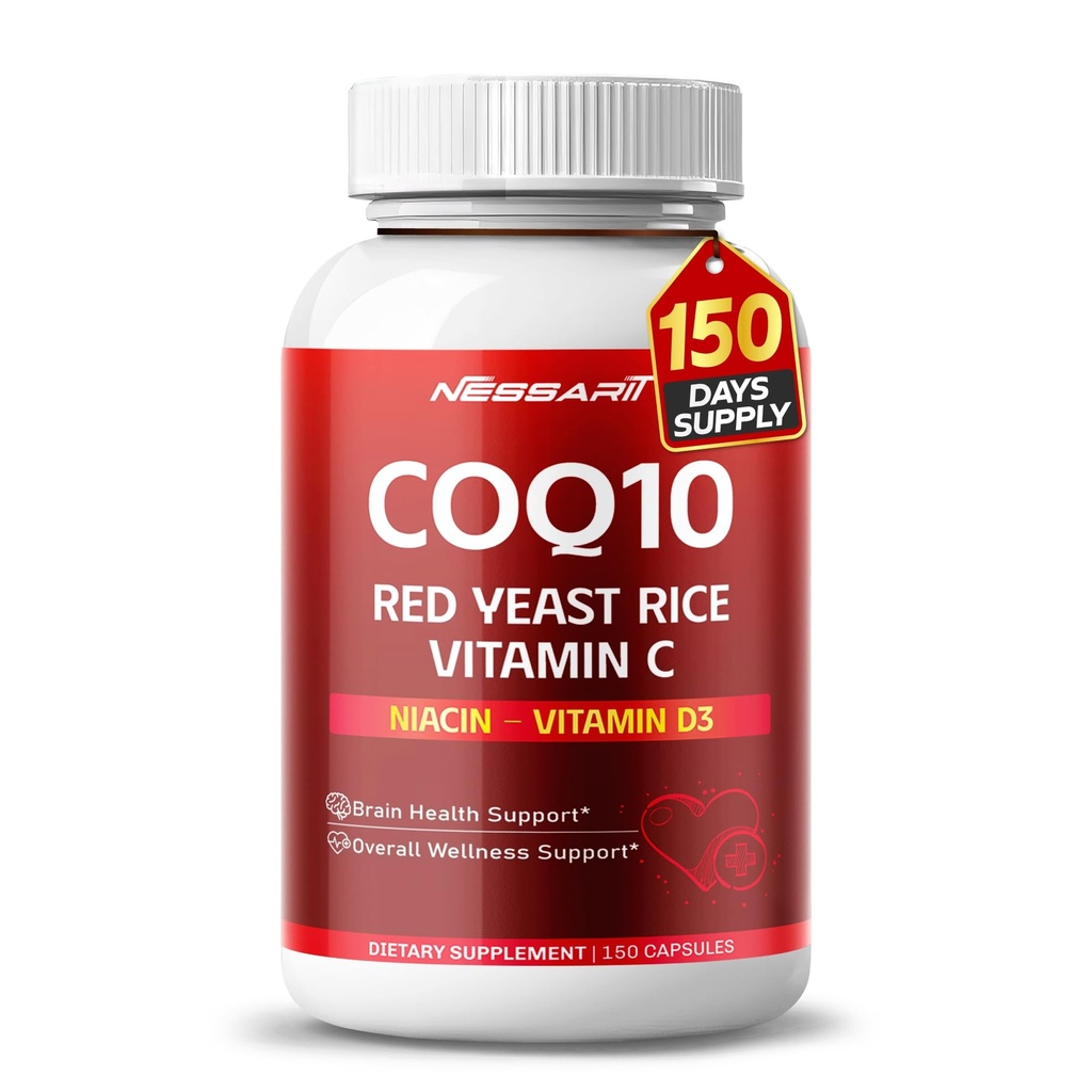 COQ10 + Red Yeast Rice Supplement - 10-in-1 Natural Blend kanssa Omega 3 B3, K2, D3, Sinkki Milk Thistle Black Pepper - 150 Count - Made & Tested Yhdysvalloissa