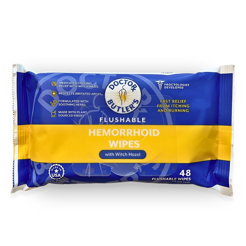 Tohtori Butlerin Flushable Peräpukamat pyyhkeet ... Flushable Wipes with Witch Hazel to Soothe and Bring Relief from Discomfort Associated with Hemorrhoids (48 Wipes)
