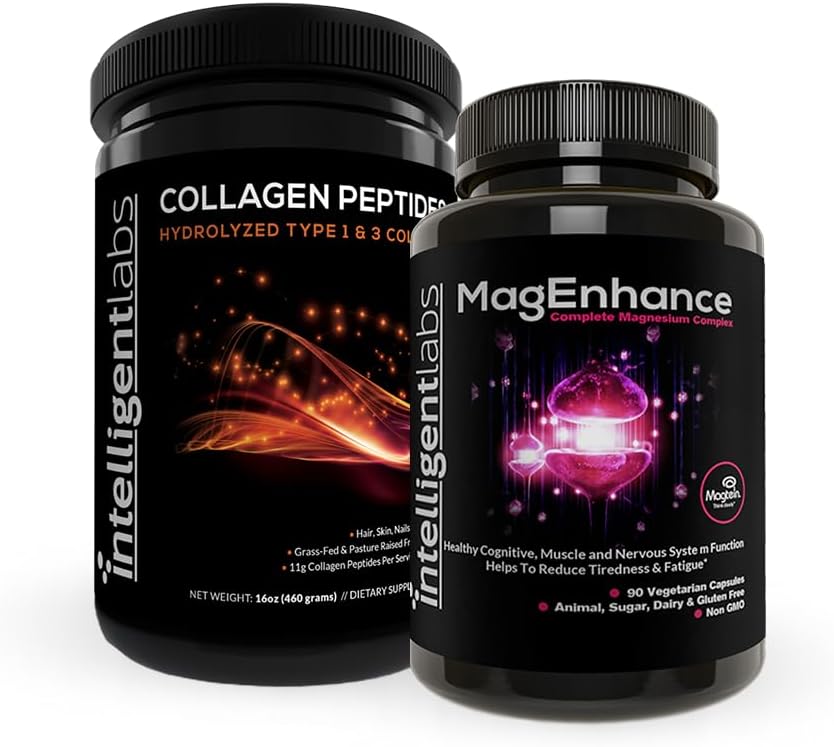 Intelligent Labs 2-in-1 Bundle of MagEnhance Supplement (High Imeytyminen Kelated Magnesium Complex) ja Collagen Peptides Powder (Unmaustamaton Organic Hydrolysed tyyppi 1 & 3 Collagen Protein Powder)