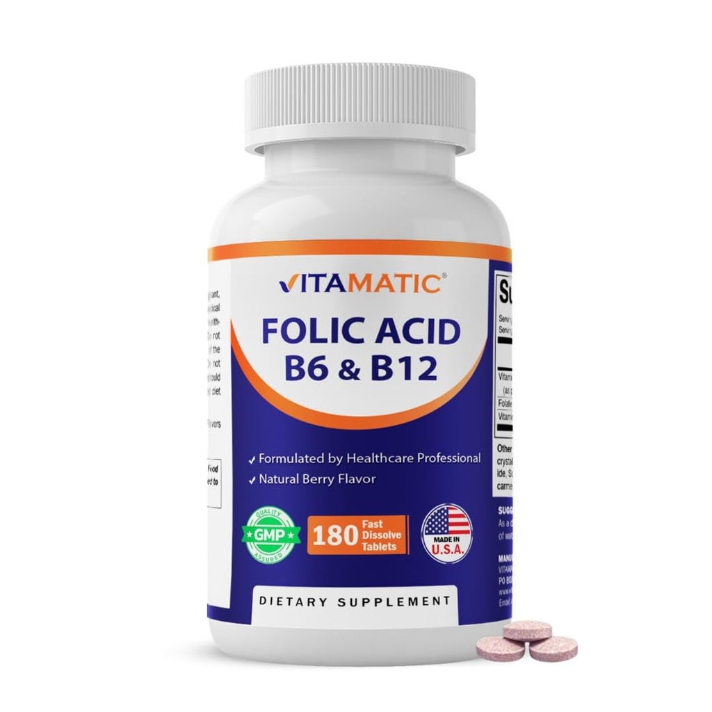 Vitamaattinen foolihappo, B12- ja B6-vitamiini 180 nopeasti liuotettavaa tablettia Heart Health, Energy Production & Red Blood Cell Support