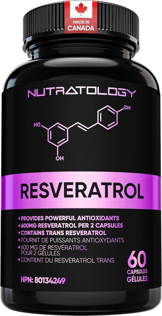 Nutratologi Resveratrol Supplement- Potent Antioxidant Supplement - Anti Aging Trans Resveratrol - Ökar kardiovaskulär hälsa, Cell Regeneration & Hårtillväxt - 60 kapslar - 30 portioner