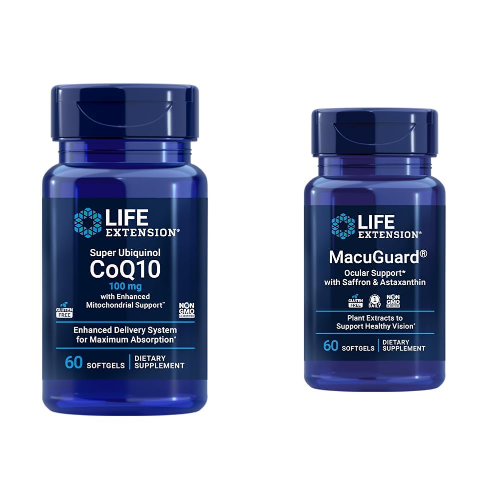 Life Extension Super Ubiquinol CoQ10 Heart Health Cellular Energy 60 Softgels & Macuguard Ocular Support Lutein Zeaksantiini Saffron Astaksantiini Eye Health 60