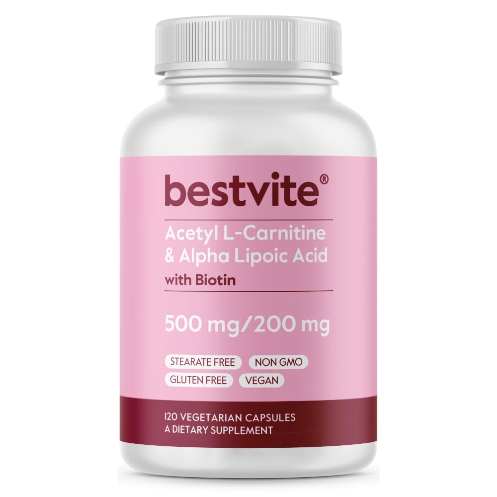 BESTVITE Acetyl L-Carnitine 500 mg & Alfa Lipoic Acid 200 mg per kapseli, jossa Biotiini (120 kasviskapselia) - Ei stearaattia - Vegan - Ei muuntogeenisiä organismeja - Gluteeniton