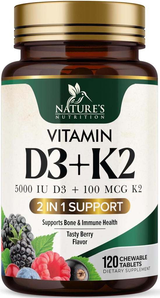 Vitamin D3 K2 Supplement | 5000 IE D3 + K2 100 mcg | MK-7 K2 med vitamin D | Stöder immun, hjärta, tänder och benhälsa - Naturens lätt att tugga, VIT D3 K2, icke-GMO, Tasty Berry Flavor - 120 tabletter
