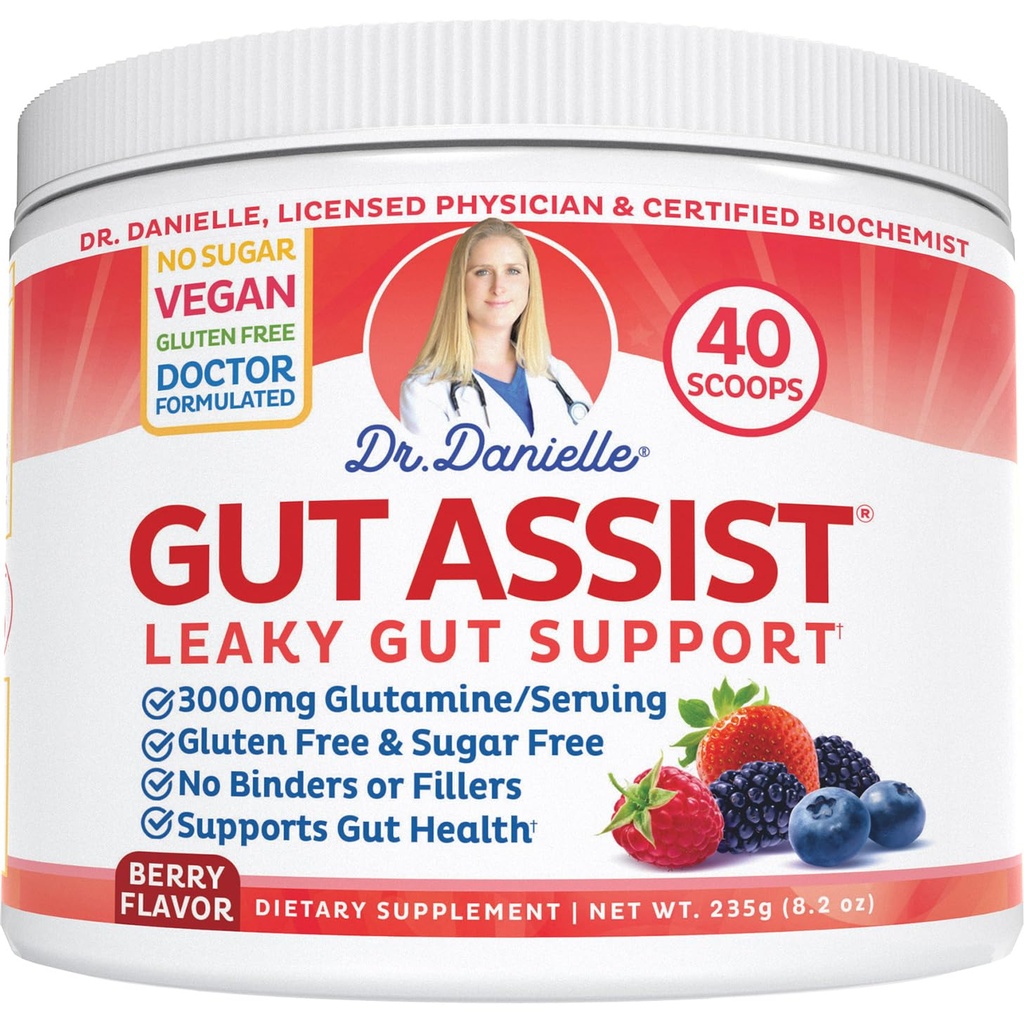 Tohtori Danielle Gut Assist - Vuotava Gut Repair Supplement Powder - Glutamiini, arabinogalaktan, lakritsi juuri - Tukee IBS, närästys, turvotus, kaasu, ummetus, SIBO alkaen, Berry Flavor