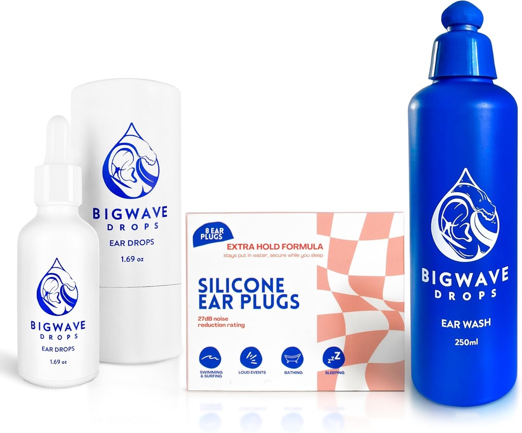 Ear Care Bundle - Inkluderar örondroppar, Ear Wash & Silicone Ear Plugs - för simmare, idrottare, dykare, resenärer - Ear Care Products för män, kvinnor, barn och vuxna - Bästa simmare present