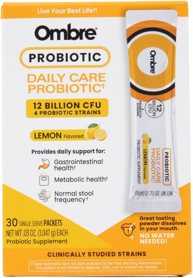 Ombre Daily Care Probioottijauhe - Prebiootit ja probiootit naisille, miehet, & lapset - Nopea liukeneminen jauhe edistää ruoansulatusterveys & yleinen hyvinvointi - 12 miljardia PMY - sitruunan maku, 30 Packets