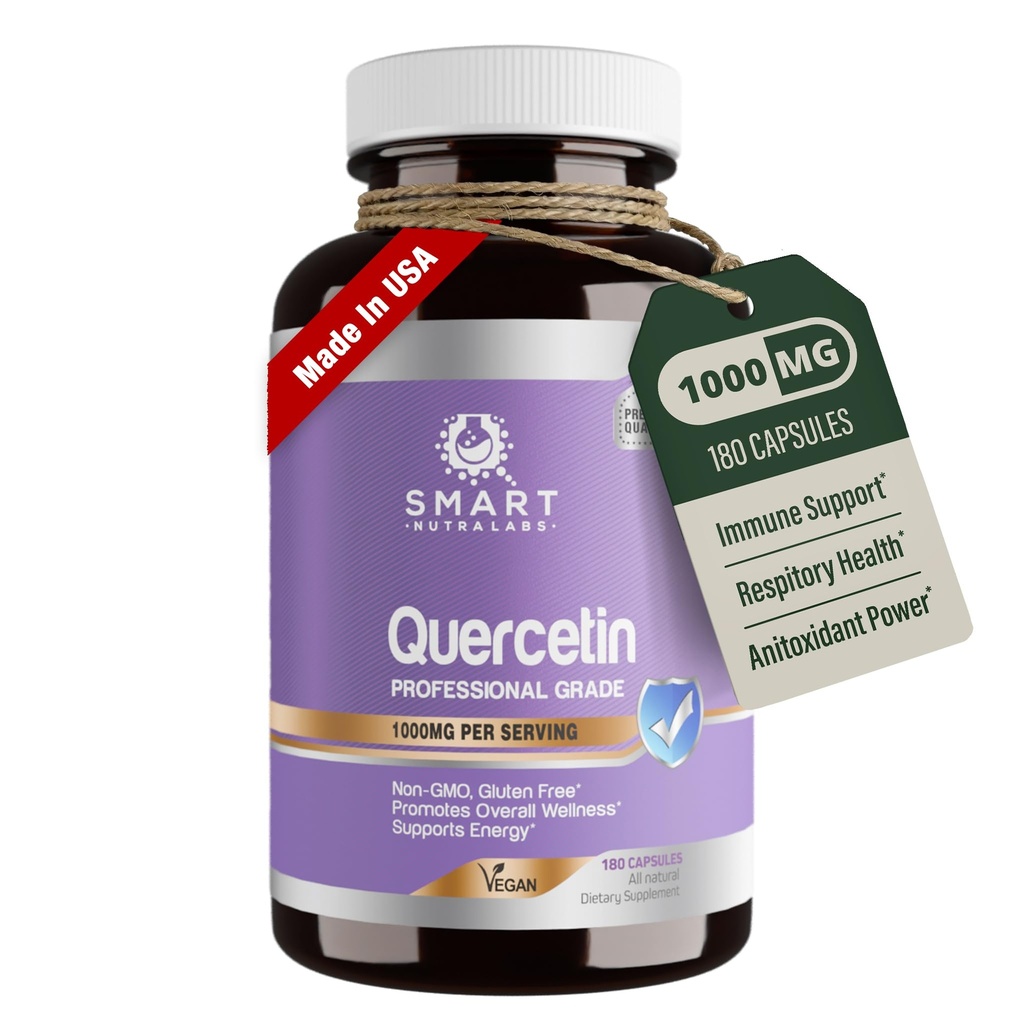 Smart Nutra Labs Quercetin 1000 mg- 180 vegan kapselia, 100% puhdas Quercetin täydennysosa - ei- gammageeninen, gluteeniton, kolmas osapuoli testattu