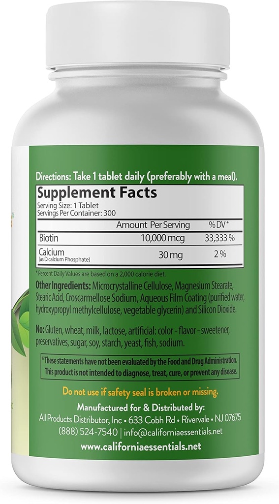 Kalifornia Essentials Biotin 10000mcg B7-vitamiini edistää tervettä ihoa, hiusten ja kynsien kasvua 