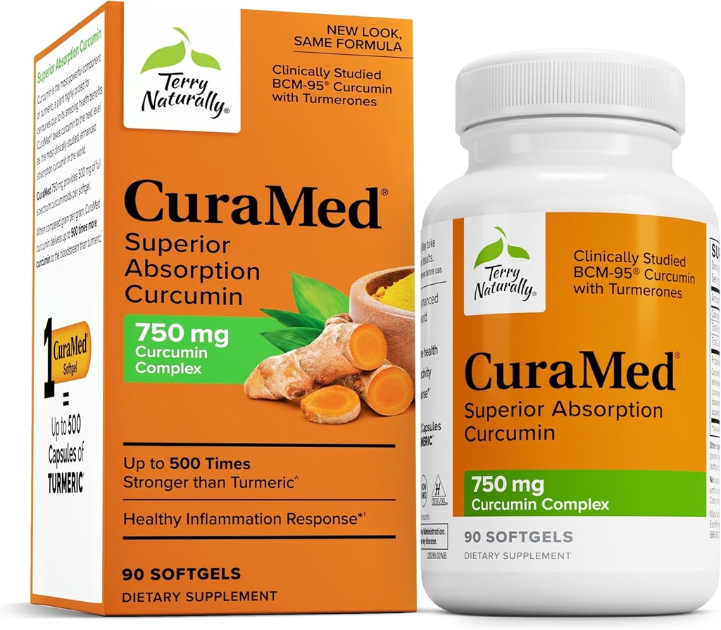 Terry Naturligt CuraMed 750mg - Antioxidant Supplement för hjärn- och hjärthälsostöd - Kosttillskott med hög styrka Curcumin Complex - Njure, Lever & immunhälsa Support - 90 Softgels