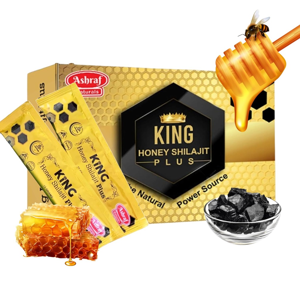 Ashraf Naturals King Honey Shilajit Plus - Premium Honey & Himalayan Shilajit Blend med Herbal Extracts, Natural Energy & Vitality Support,15 Sachets x 15g