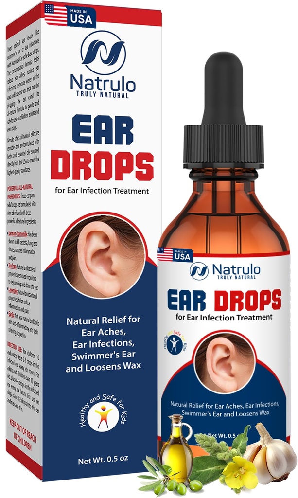 Natrulo Ear Drops for Ear Infection - Organic Ear Drops for Adult, Kids, Baby, Dog & Pets - för Ear Aches, Itchy Ears, Infections, Swimmer's Ear, & Loosen Wax - Kids Safe, Made in USA