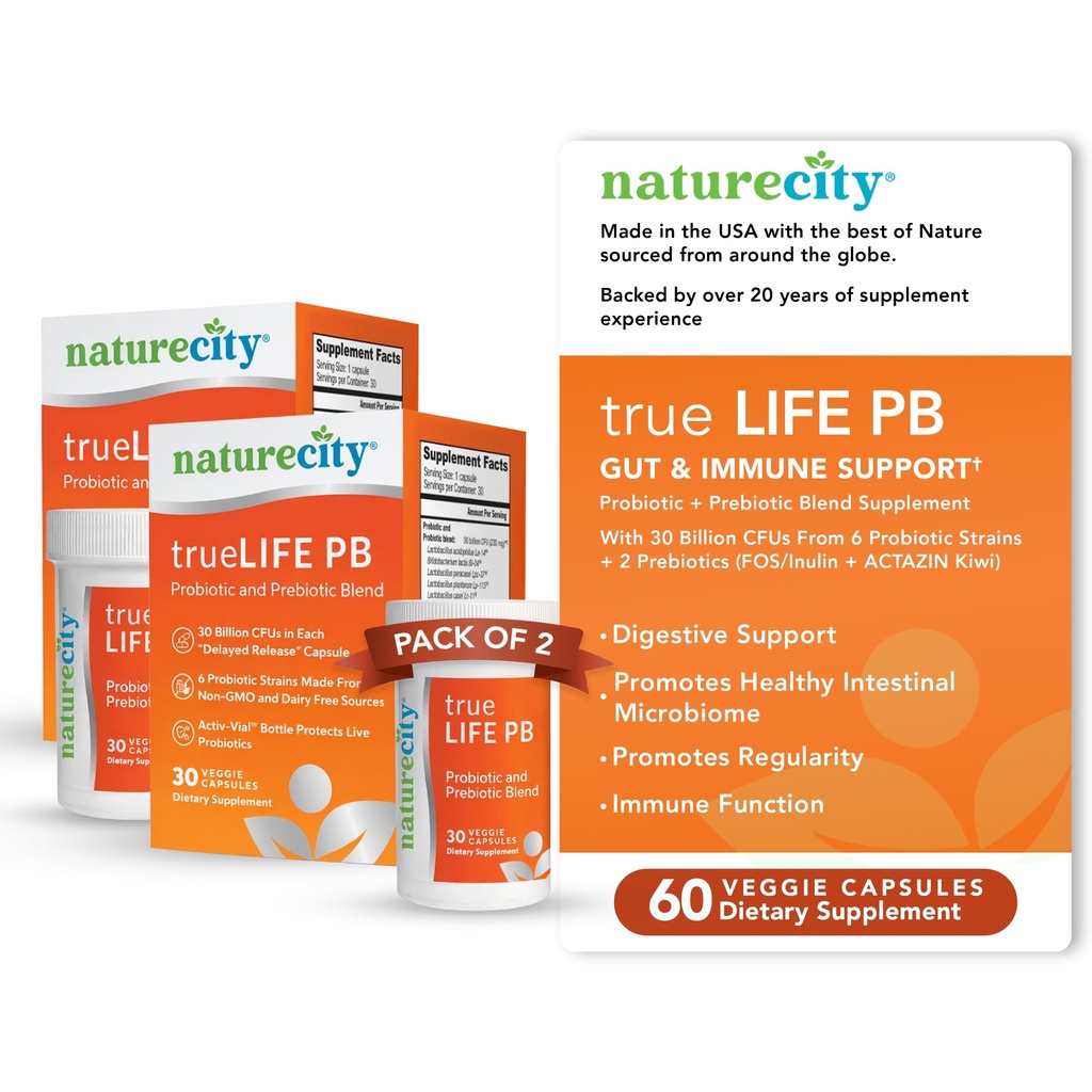NatureCity True-Life-PB Hylly Vakaa Blend Prebiootit ja Probiootit naisille ja miehille - Ruoansulatus Gut Health täydentää naisten ja miesten - Dairy Free - (60 kasviskapselit)