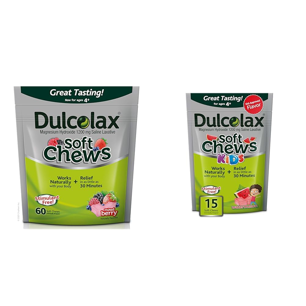 Dulcolax Soft Chews Saline Laxative Mixed Berry (60ct) Hellä Ummetus Relief & Kids Soft Chews Saliinia Laksatiivinen vesimeloni Hellästi Ummetus Relief, Magnesium