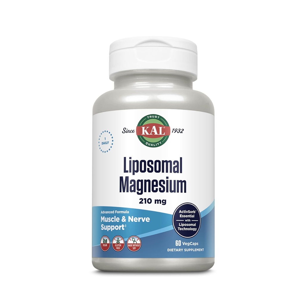 KAL Liposomaalinen magnesiumoksidi 210 mg Korkea imeytyminen, liposomaalinen teknologia, Essentials Lihastuki, Advanced Formula, Vegaanikapselit, Gluteeniton, Ei soijaa, 60 tarjoilua
