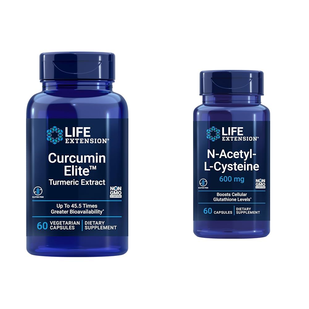 Life Extension Curcumin Elite Turmeric Extract & N-asetyyli-L-kysteiini (NAC), Immuuni, hengityselimet, maksan terveys, NAC 600 mg, Potent antioksidantti tuki, vapaaradikaaleja, helppo absorboida, 60 kapselia