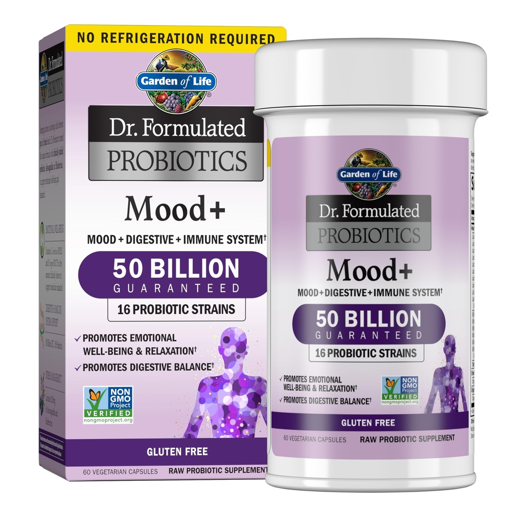 Garden of Life Dr Formulerad Probiotika Mood + - 50 miljarder CFU - Stöder avkoppling och matsmältningshälsa - Shelf Stable - 60 vegetariska kapslar