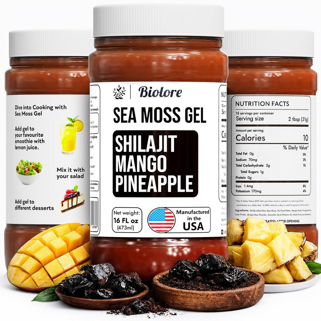 Biolore Wildcrafted Sea Moss Gel Shilajit - Mango Ananas 16 oz - Makuvettä Moss Gel kanssa Essential Vitamiinit & Trace Minerals - Vegan Superfood - Made in USA, Gluteeniton, Ei lisättyä sokeria