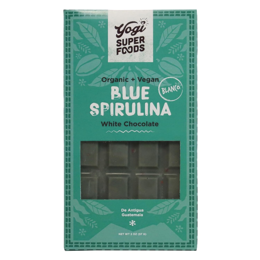 Yogi Super Foods Vegaani valkoinen suklaa Sininen Spirulana Bar, Terve & Organic for Energy Boost valmistettu Raw Cacao Butter, Gluteeniton Kaura, makeutettu Panela Sugar, Macadamia Nuts - 1 Bar