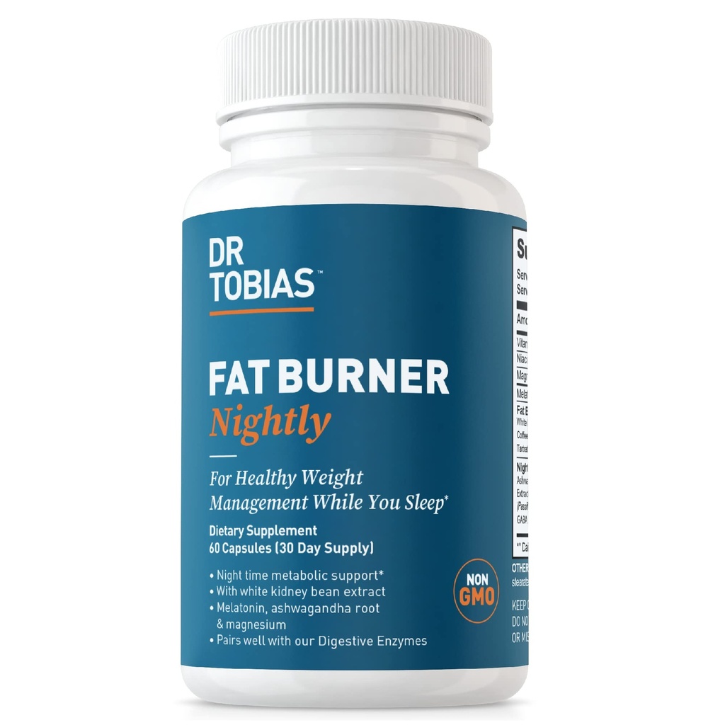 Dr Tobias Fat Burner Nightly - Night Time Metabolic Support med White Kidney Bean Extract, Ashwagandha Root, Green Coffee Bean Extract & Melatonin | Non-GMO (60 kapslar 30 Day Supply)
