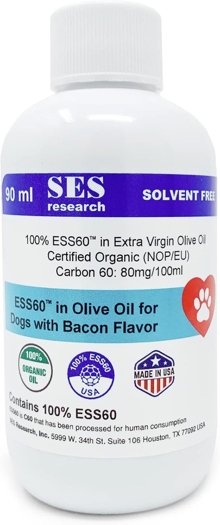 SES Research C60 koirille Organic Extra Neitsyt Olive Oil - Lemmikki Pekoni Maustettu antioksidantti täydennysosa - Liuotinvapaa - Immuniteetti Booster - Boosts Energy & Mood - Focus - 90ML