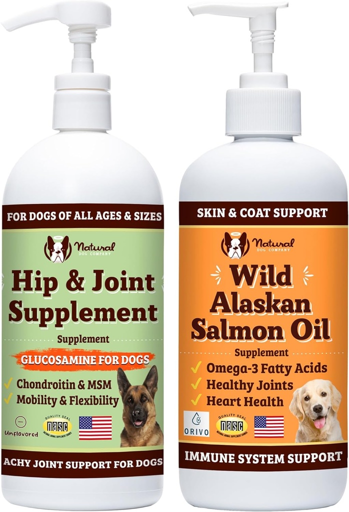 Natural Dog Company 32 oz. Bundle Wild Alaskan Salmon Oil ja Liquid Glukosamiini koirille, Fish Oil Supplement, Joint ja Hip Support