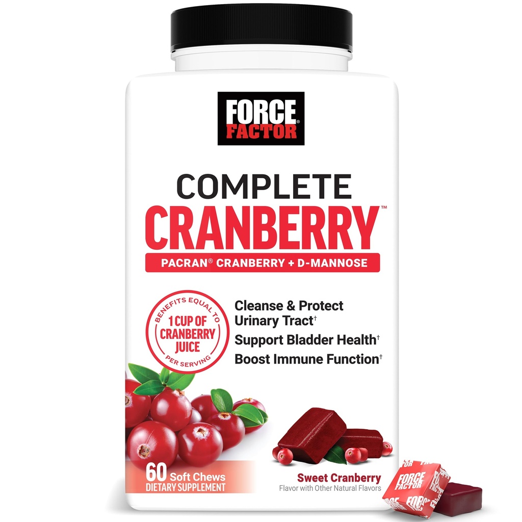 FORCE FACTOR Cranberry Soft Chews, Cranberry Supplement med D Mannose och Cranberry Extract för att stödja Bladder och urinvägs hälsa för kvinnor, Vegan, Sweet Cranberry Flavor, 60 Soft Chews