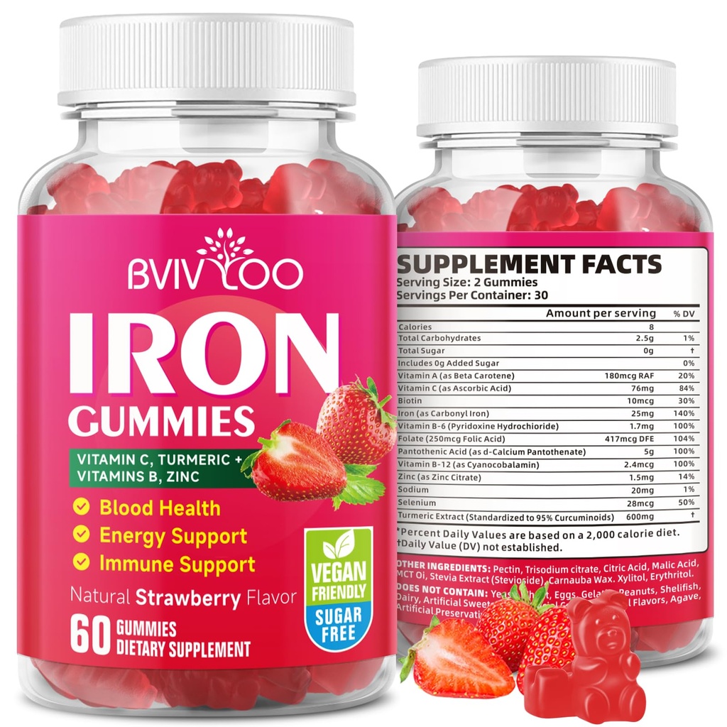 Vegaanirauta Gummies aikuisille ja lapsille - C-, A-, B-komplex-, Folaatti, Sinkki ja Biotiini - verenrakennus- ja energiatukea varten, 60 Gummies