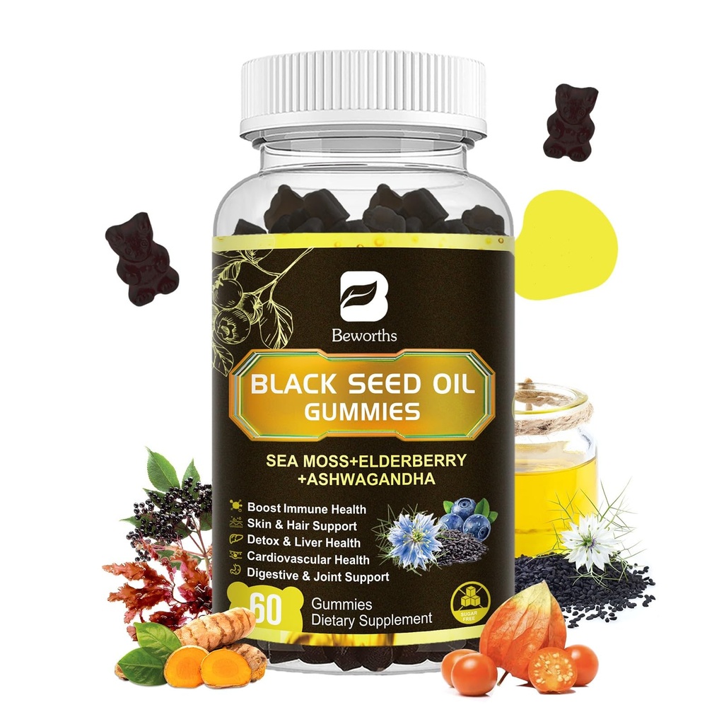 Black Seed Oil & Sea Moss Gummies | Irish Sea Moss Gummy med Ashwagandha, Black Seed Oil, Elderberry, Turmeric, Vitamin D3, C, Zink - Support Immunity, Joints, Digestion, Hair Growth - 60