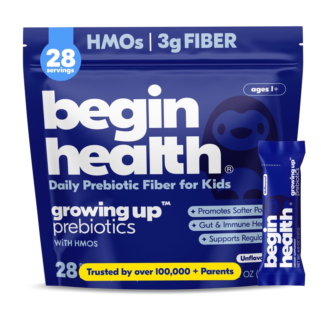 Begin Health Growing Up Prebiotics for Kids 28-Packs | Prebiotic Soluble Powder Stool Softeners och Digestive Gut Health Supplement | Perfekt att blanda med barn dagliga drycker och mjuka livsmedel - Osmakad