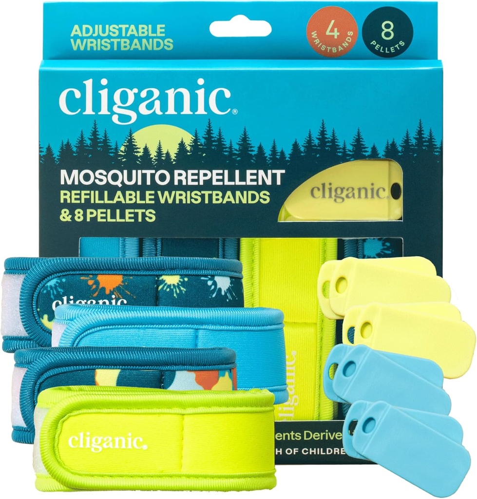 Cliganic Mosquito Repellent Pack (4 ranneketta + 8 täytettä) - säädettävä, luonnollinen DEET-vapaa, Essential Oil Infusion