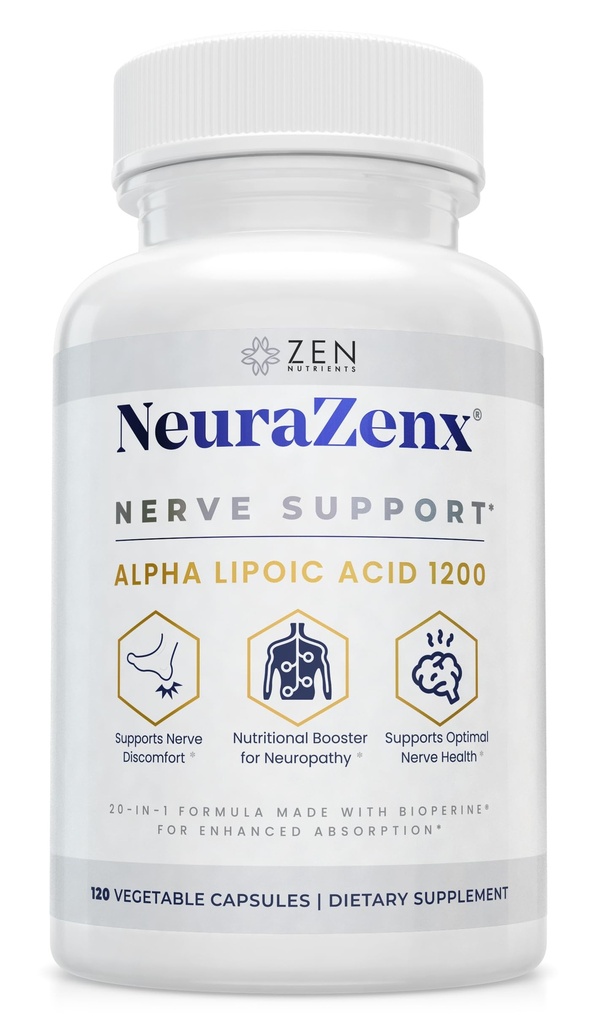 Zen Nutrients NeuraZenX Nerve Support & Perifeerinen neuropatia Tuki täydentää 1200 mg Alpha Lipoic Acid (ALA), Benfotiamiini, L-karnitiini ja Turmeric