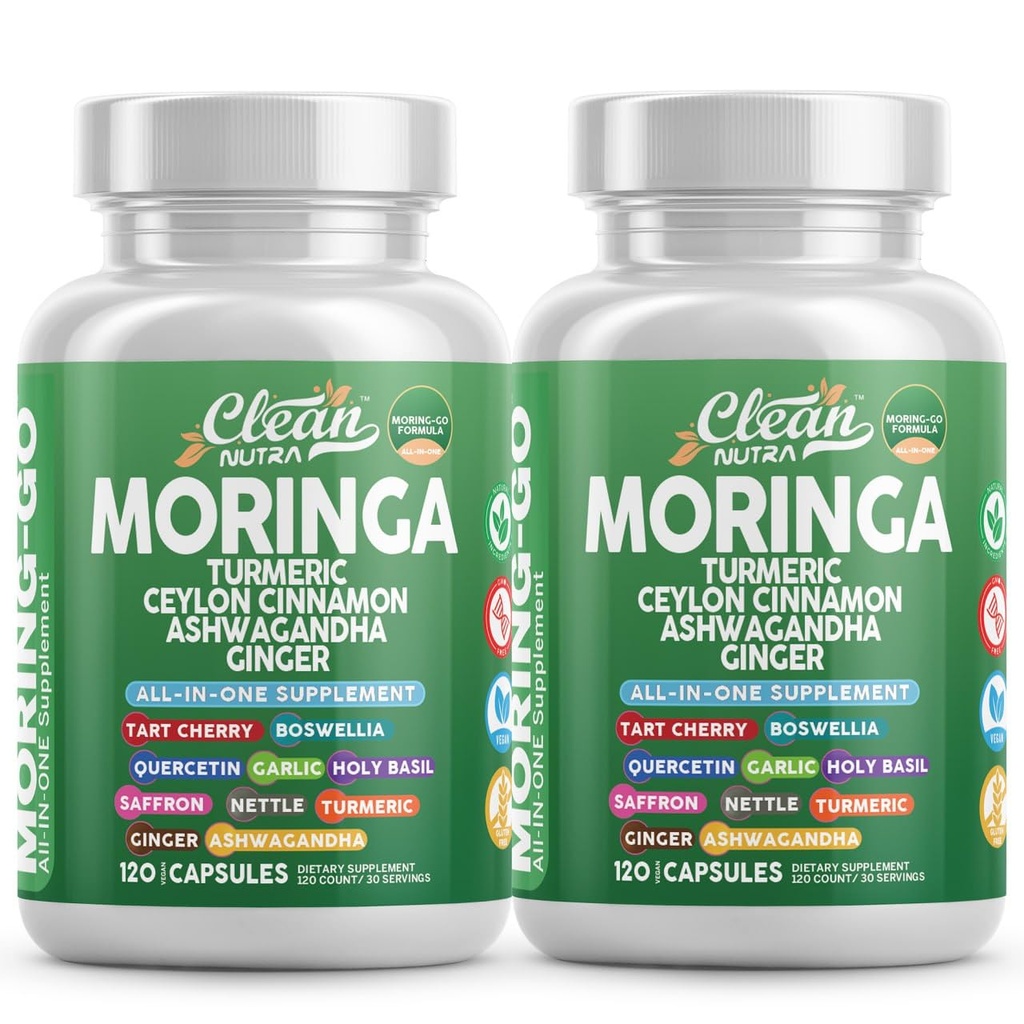 Moringa Powder kapslar + gurkmeja Moringa Leaf Ceylon Cinnamon Ashwagandha Ginger Tart Cherry Boswellia Quercetin Garlic Holy Basil Saffron Nettle Black Pepper Moring-Go Supplement by Clean Nutra (2)