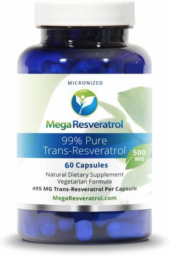 Mega Resveratrol, Pharmaceutical Grade,99% Pure, Isolate, Micronized Trans-Resveratrol, 60 Veggie Caps, 500 mg per kapseli. Puhtaus varmistettu. Ehdottomasti EI Myrkkyä.