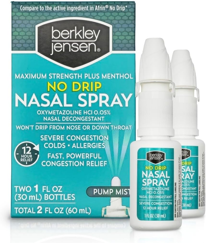 berkley jensen No Drip Vaikea Ruuhka Nasal Spray - Maximum Strength Decongesstant kanssa Oxymetatsoliini HCl & Mentol - Pump Mist Applicator, Ei steroidi, 12 tunnin helpotus, 1 neste Ounce (paketti 2)