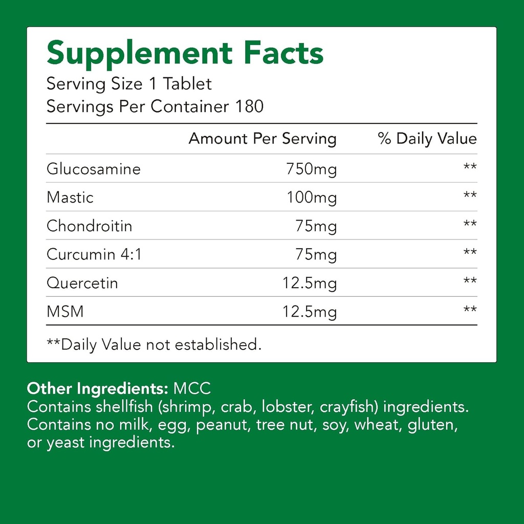 Premium Glukosamiini + Chondriotin + MSM + mastic + Curcumin (750 mg) 