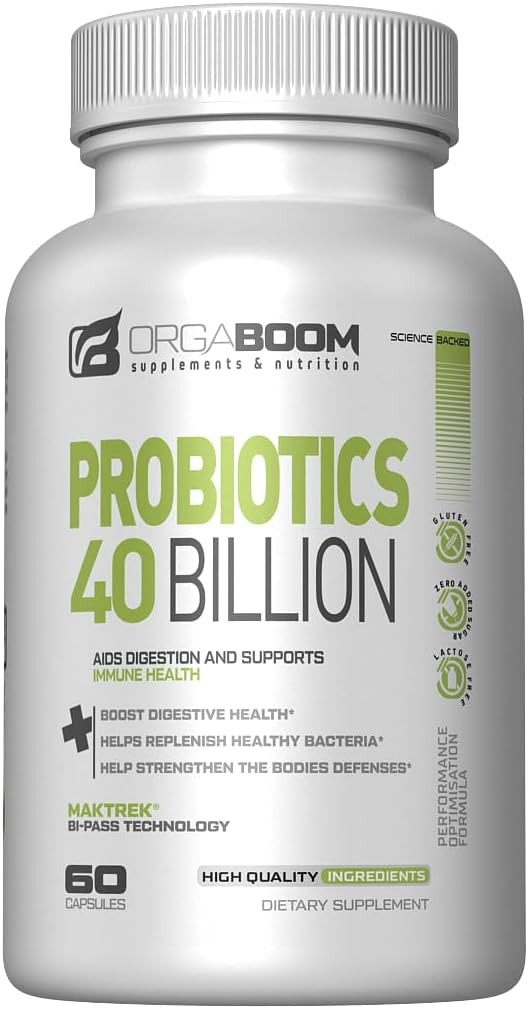 Probiotiska 40 miljarder CFU 4 Strains + Prebiotic - Stöder Digestive Health & Immunity - Hjälper med förstoppning, Diarré, Bloating - Gluten-Free, Non-GMO - Tillverkad i USA - 60 kapslar