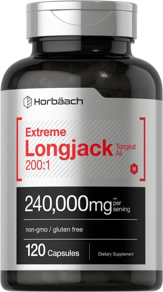 Horbäach - Longjack Tongkat Ali | 240.000 mg (200:1 Potent Extract) | 120 kapslar | Extreme Male Performance Supplement | Super Concentrated Herbal Extract Formel | Non-GMO & Gluten Free Pills