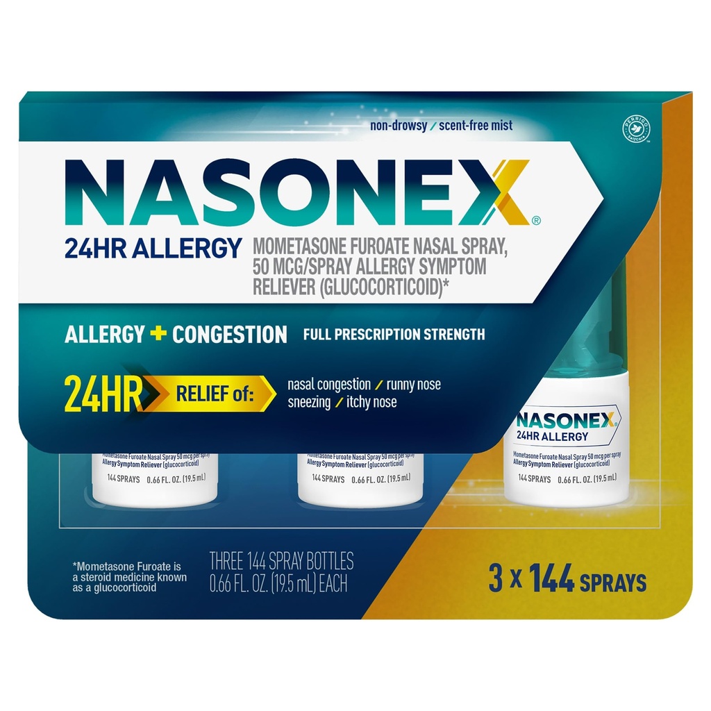 Nasonex 24HR Allergia Nenäsumutus, ei-Drowsy, hajuton sumu, allergian oireet + nenän tukkoisuus, täydellinen resepti vahvuus, 120 sumutus (3 pakkaus)