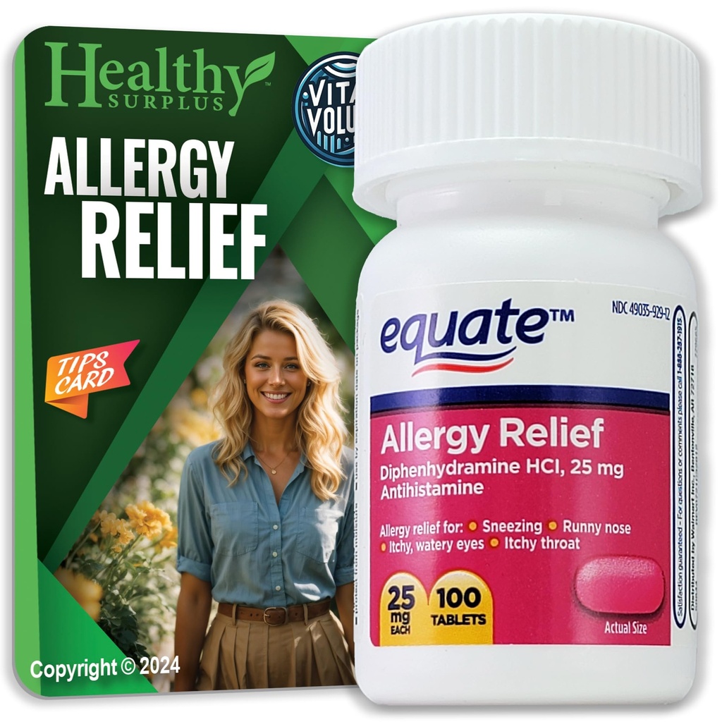 Terveellinen ylijäämä® Vital Volumes Vinkkejä kortti & Equate Allergia Relief Difenhydramiini HCL, 25 mg 100 tablettia Bundle