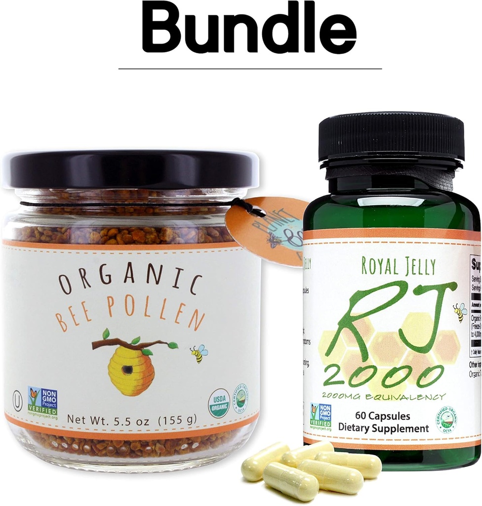 Greenbow Organic Bee Pollen - 100% USDA Certified Organic, Pure, Natural Bee Pollen - Superfood pakattu proteiinit, vitamiinit ja mineraalit - 155g Royal Jelly 2000mg 60 kapselia