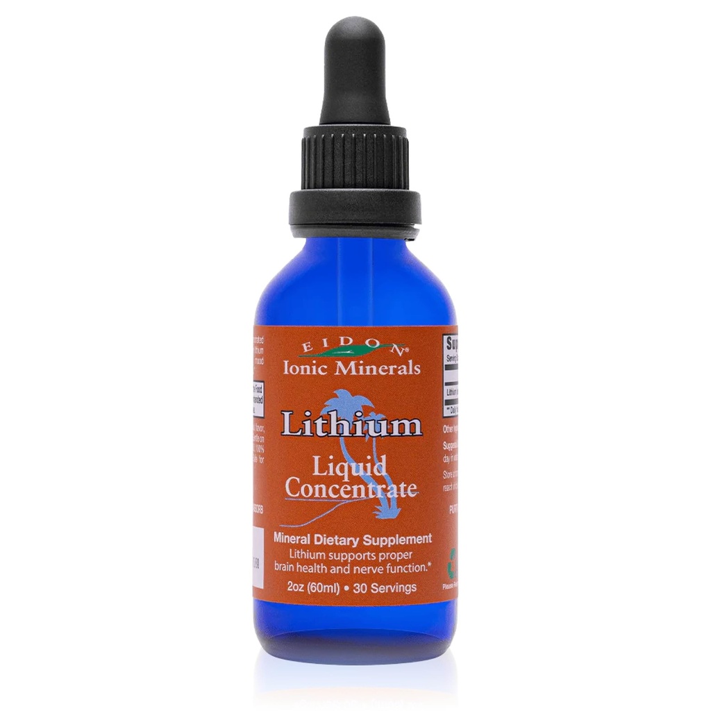 Eidon Ionic Minerals Liquid Lithium - Lithium Chloride Drops Supplement, mineraler droppar för vatten, främja hjärnhälsa, stödkognition, bistå i vitamin B12 och folattransport, 2 uns.