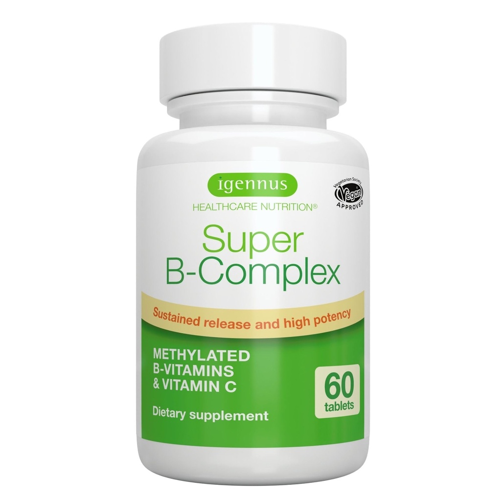 Igennus Super B-komplex Methylated B-vitamiinit - Pitkäkestoinen vapautuminen, puhdas etiketti & korkea imeytyminen, 5-MTHF Folaatti & Metyyli B12, energia, mieliala & kognitiivinen suorituskyky, Lab vahvistettu, 60 pientä tablettia