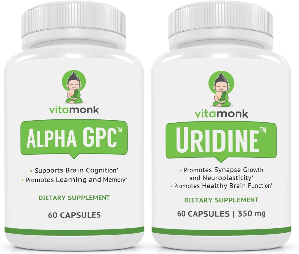 VitaMonk Alpha GPC och Uridine Stack - Mr Happy Stack - Uridine Monophosphate med inga konstgjorda fillers - Biotillgängliga kolintillskott främja kognition, fokus, mental klarhet